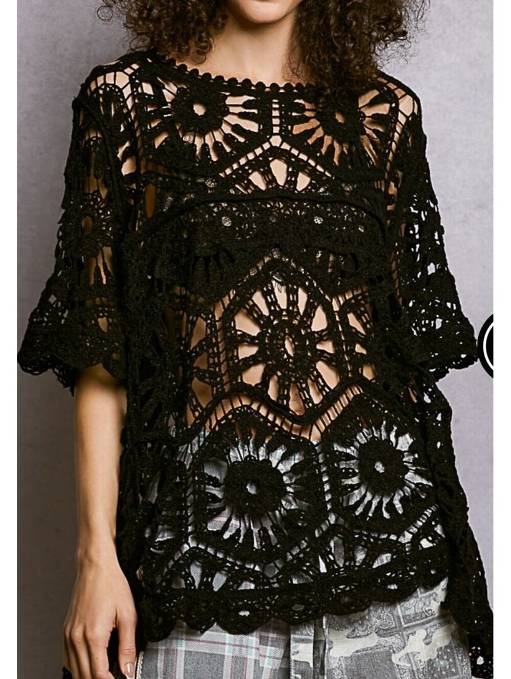 POL Openweave Crochet Short Sleeve Lace Top Scalloped Relaxed One Size Black